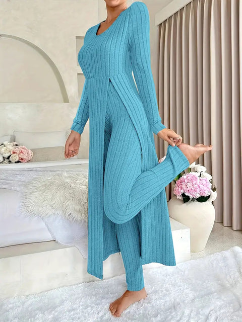 New design round neck split fork long sleeve two-piece set spring m302328