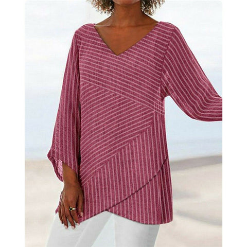 T-shirt ample à manches 3/4 et col en V pour femme, imprimé animalier et paysage naturel, m301289 