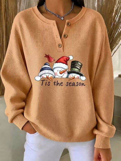Christmas snowman carrot nose print women's button sweater FF303494