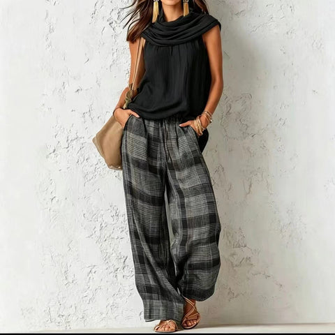 Retro casual fashion sleeveless top and plaid pants set m303064