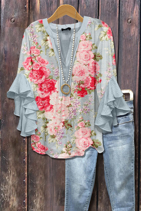 Digital printing casual trend V-neck lotus edge T-shirt women's m302725-1