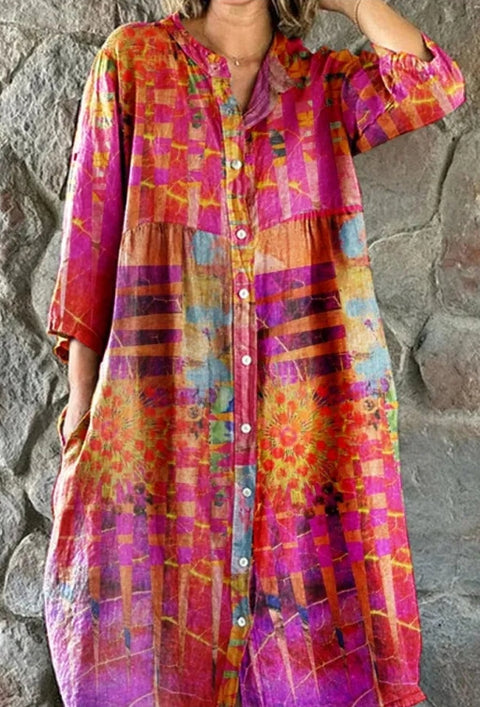 Women's Loose Crew Neck Fashion Premium Long Sleeve Printed Shirt Dress m301050