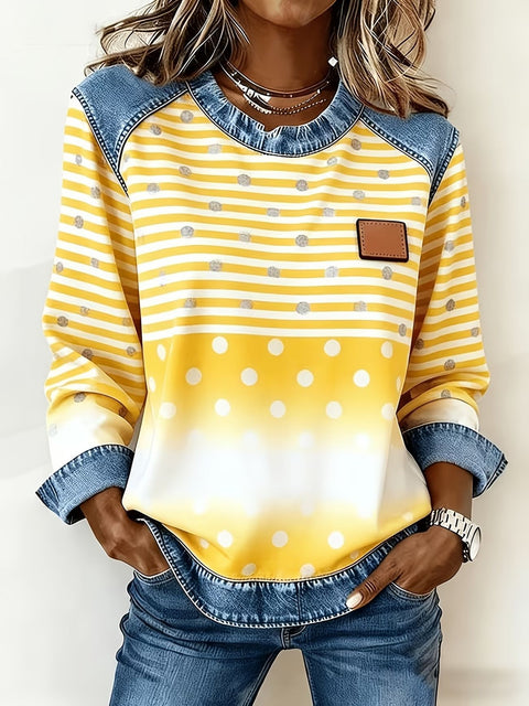 Printed denim neck sweater loose long sleeve pullover casual jacket m303056