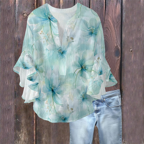 Creative floral element printing digital printing casual trend V-neck lotus edge T-shirt women's m301769