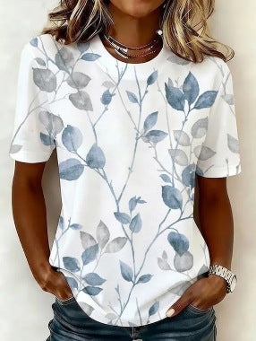 Imitation cotton commuter flower print crew neck short sleeve m303070