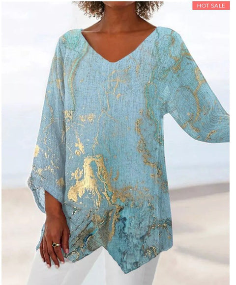 Damen-T-Shirt mit V-Ausschnitt und neunviertellangen Ärmeln und Tiermotiven, lockeres Motiv, m301289 