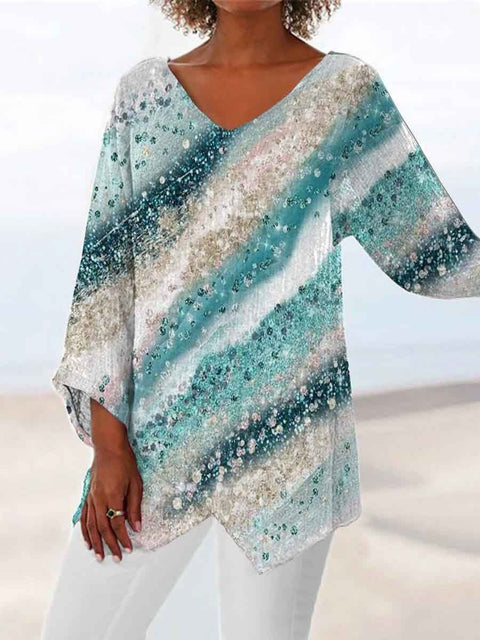 3D printing animal natural scenery V-neck nine-quarter sleeve loose T-shirt m301694