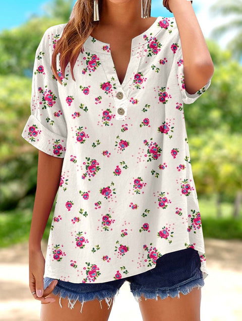 Bedrucktes V-Ausschnitt Kurzarm-T-Shirt m303021