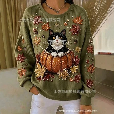 Women's autumn drop shoulder crew neck sweatshirt 3D digital print crew neck FF303475