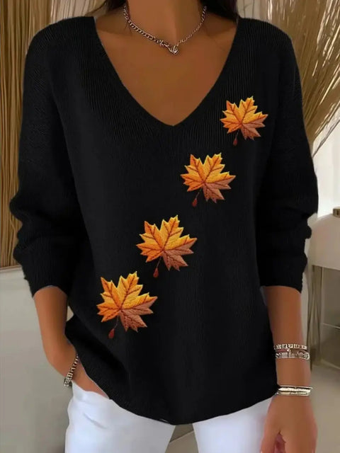 Shoulder V-neck long-sleeved autumn leaf 3D digital printing women's top FF303401 03