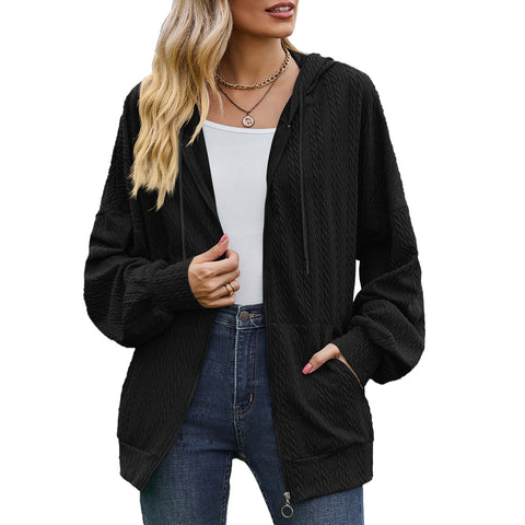 Solid color pocket long sleeve loose hooded sweater women's jacket m300392