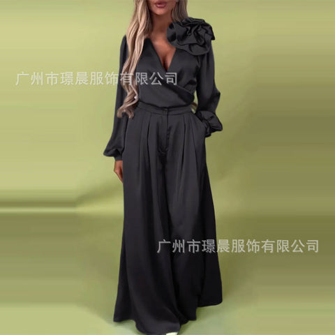 Women's Luxury Elegant V-Neck Satin Long Sleeve Top Wide Leg Pants Set m302514