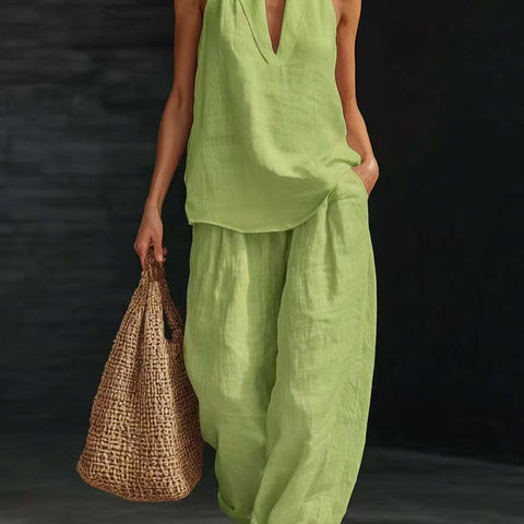 Sleeveless loose shoulder suit women's summer casual wide-leg pants two-piece set m302658