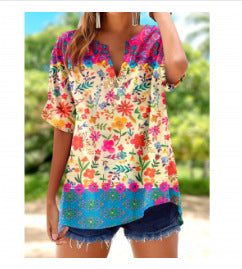 Bedrucktes V-Ausschnitt Kurzarm-T-Shirt m303021
