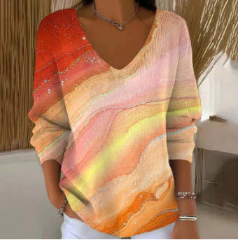Shoulder V-Neck Long Sleeve Pullover 3D Digital Printing Women's Top T-Shirt m301684