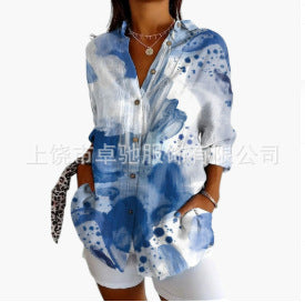 Linglong hemp long shirt women's long-sleeved shirt printing pattern m303195