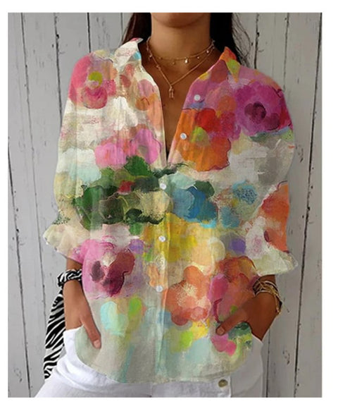 3D digital printing abstract pattern women's long-sleeved buckle linen shirt m302749-01