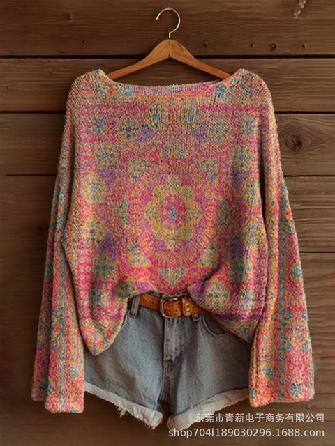 Vacation print casual cape top crew neck knitted sweater m302130