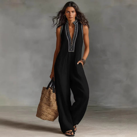 women's simple linen-blend sleeveless jumpsuit  m303249