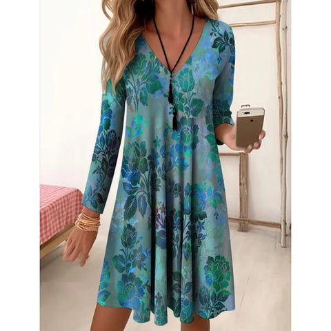 Autumn and winter V-neck high waist retro gradual change color printing nine-quarter sleeve loose dress m300742