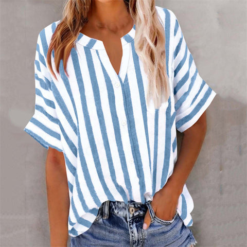 Women's top shirt loose casual V-neck button striped contrasting short sleeve m302416