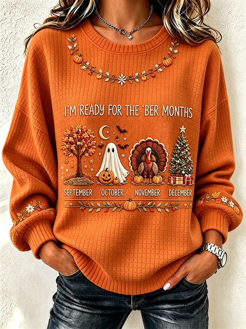 Halloween Waffle Print Crew Neck Long Sleeve Casual Pullover Sweater FF303495