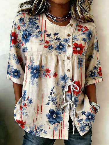 Color matching loose blouse five-button drawstring m302924