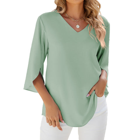 Solid color V-neck medium-sleeved loose chiffon shirt women's top m301658