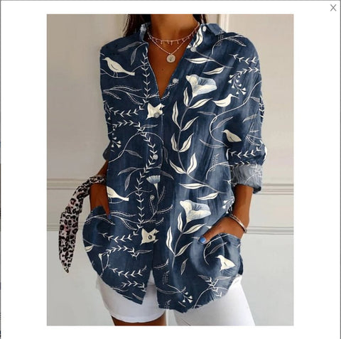 3D digital printing abstract pattern women's long-sleeved buckle linen shirt m301277
