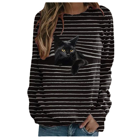 Cat print casual long-sleeved T-shirt striped top m300513