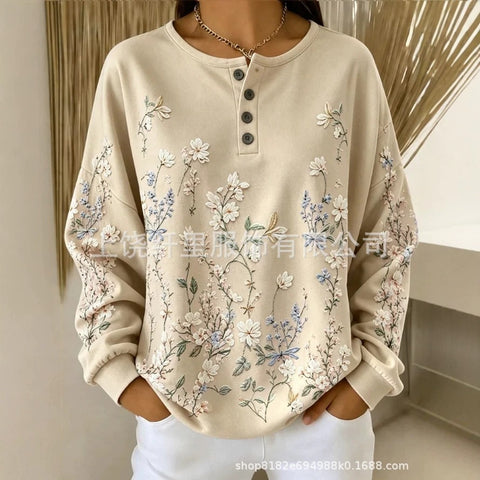 Crew neck 4 buckle spring and autumn fashion pattern 3D printing casual loose women's sweater FF303411 01