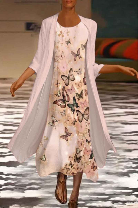 New women's long dress two-piece set flower and grass print crew neck dress m301251