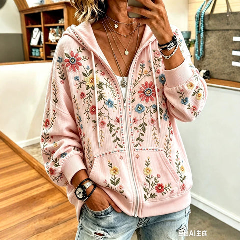 Sequin floral elements 3D digital printing loose casual hooded sweater m303215