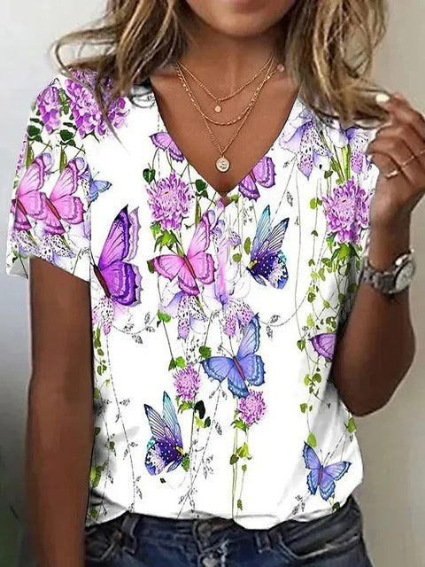 Faux cotton short-sleeve V-neck printed women's wear m303193