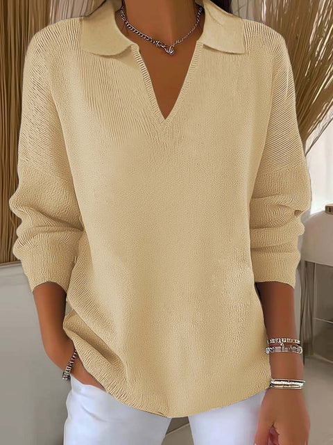 Digital printing women's lapel neck long-sleeved solid color knitted fleece sweater m302076