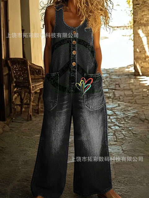 Retro trend wide-leg pants overalls women's sleeveless imitation denim m302436