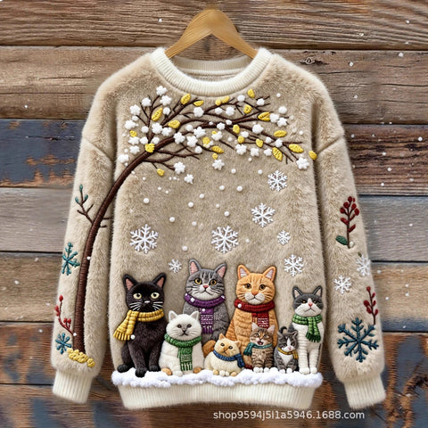 Digital printed flannel christmas ladies crew neck sweater autumn and winter m302198