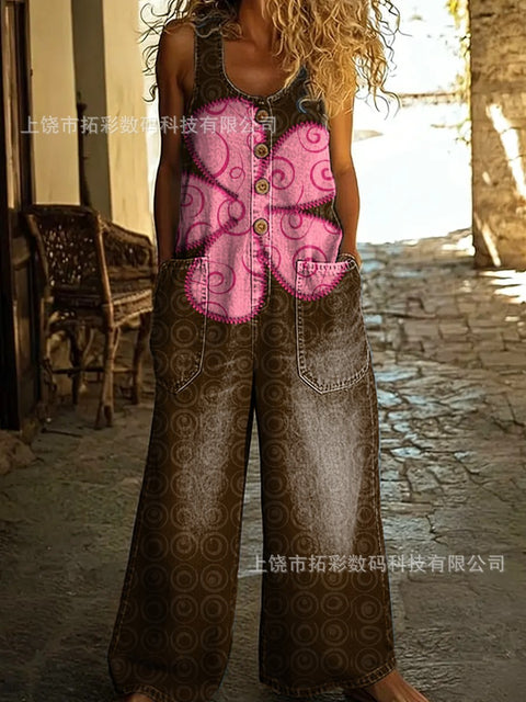 Retro trend wide-leg pants overalls women's sleeveless imitation denim m302436