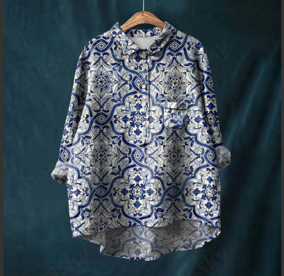 Long Sleeve Bamboo Linen Printing Fashion Versatile Lapel Shirt m301040