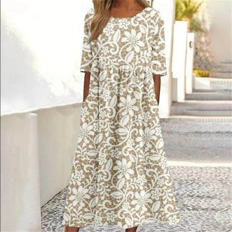 Ladies Casual Crew Neck Pullover Short Sleeve 3D Printing Pleated Waist Swing Long Dress Dress m301299