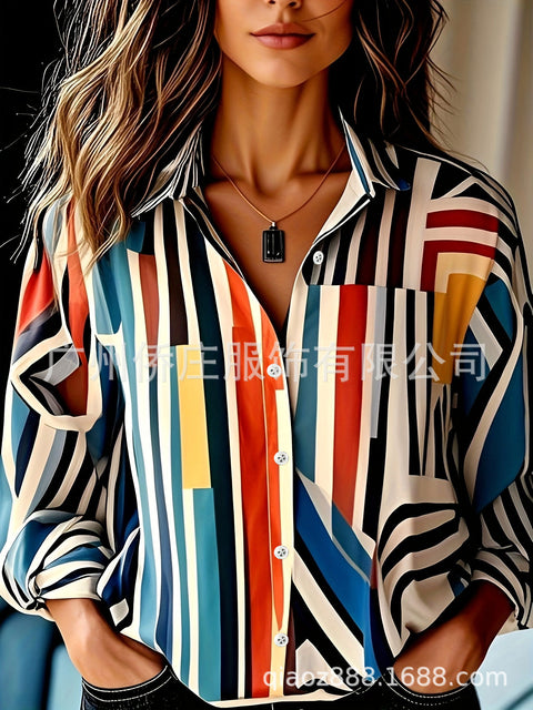 Fashion women's clothing European and American versatile printing casual lapel m301565