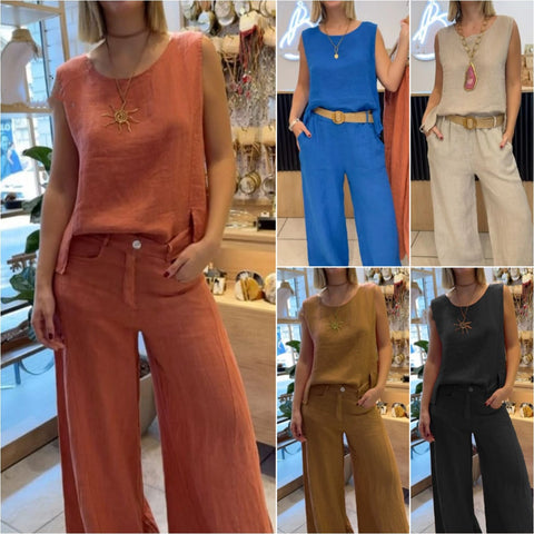 Women's cotton and linen solid color sleeveless trousers 2-piece set m302325