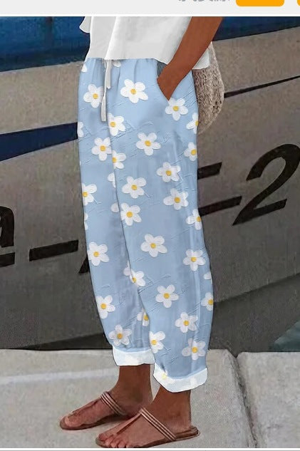 Linglong hemp digital printing simple crimped casual pants m303184