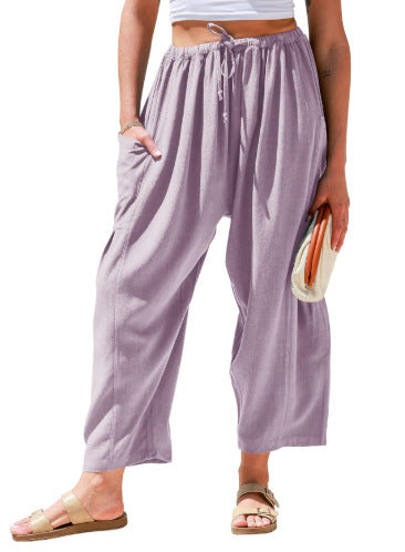 Elastic waist pleated middle waist straight pants loose casual cotton and linen nine-point pants m301883