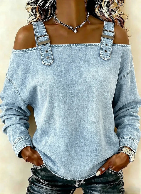 One-word tie shoulder strap long-sleeved top m303209