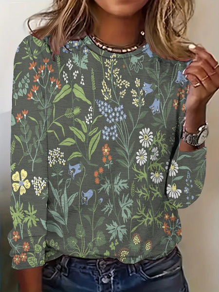 3D printed women's casual flower crew neck long-sleeved t-shirt top m301719