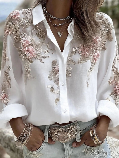 Flower lapel long-sleeved button-down women's shirt m303076