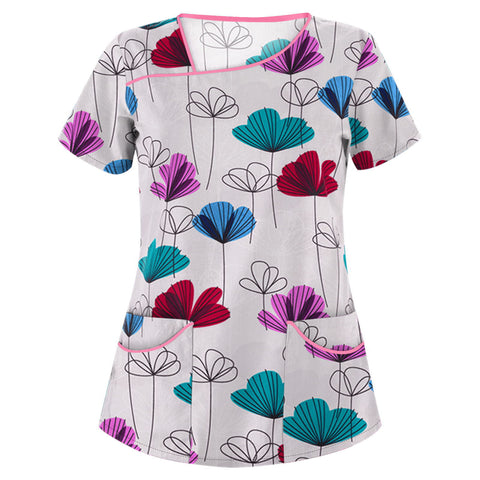 Printed V-neck short-sleeved pocket T-shirt women's top m301596