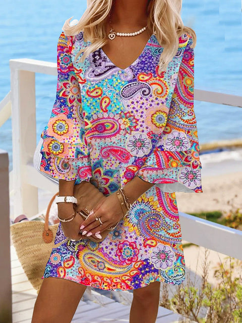 Fresh printed V-neck 3/4-sleeve mini women's dress m302854