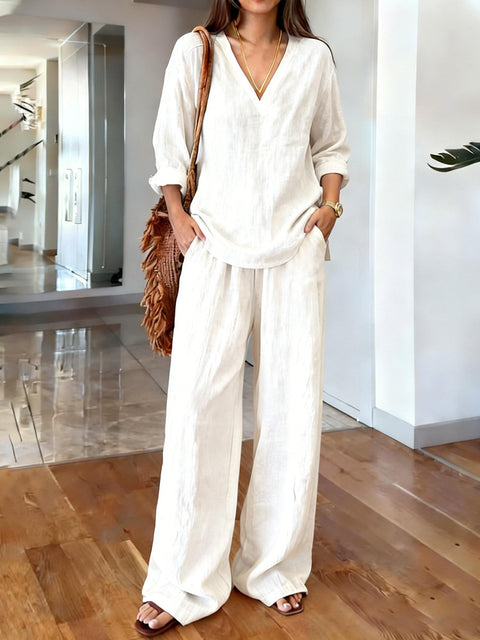 Casual V-neck pullover long sleeve plus trousers washed cotton multi-color m302407